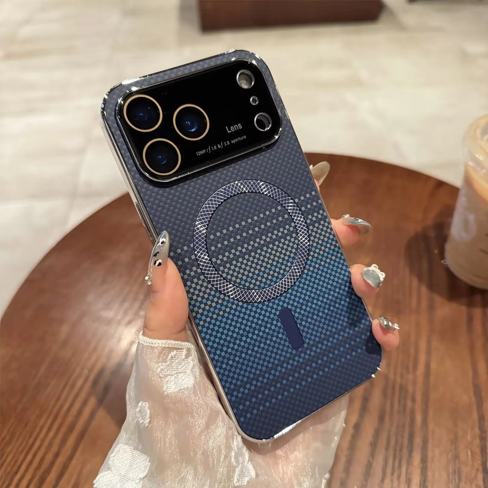 Luxury iPhone Case — Carbon-Fiber Pattern MagSafe Wireless-Charging Cover with Shockproof Plating Design and Slim TPU Protection