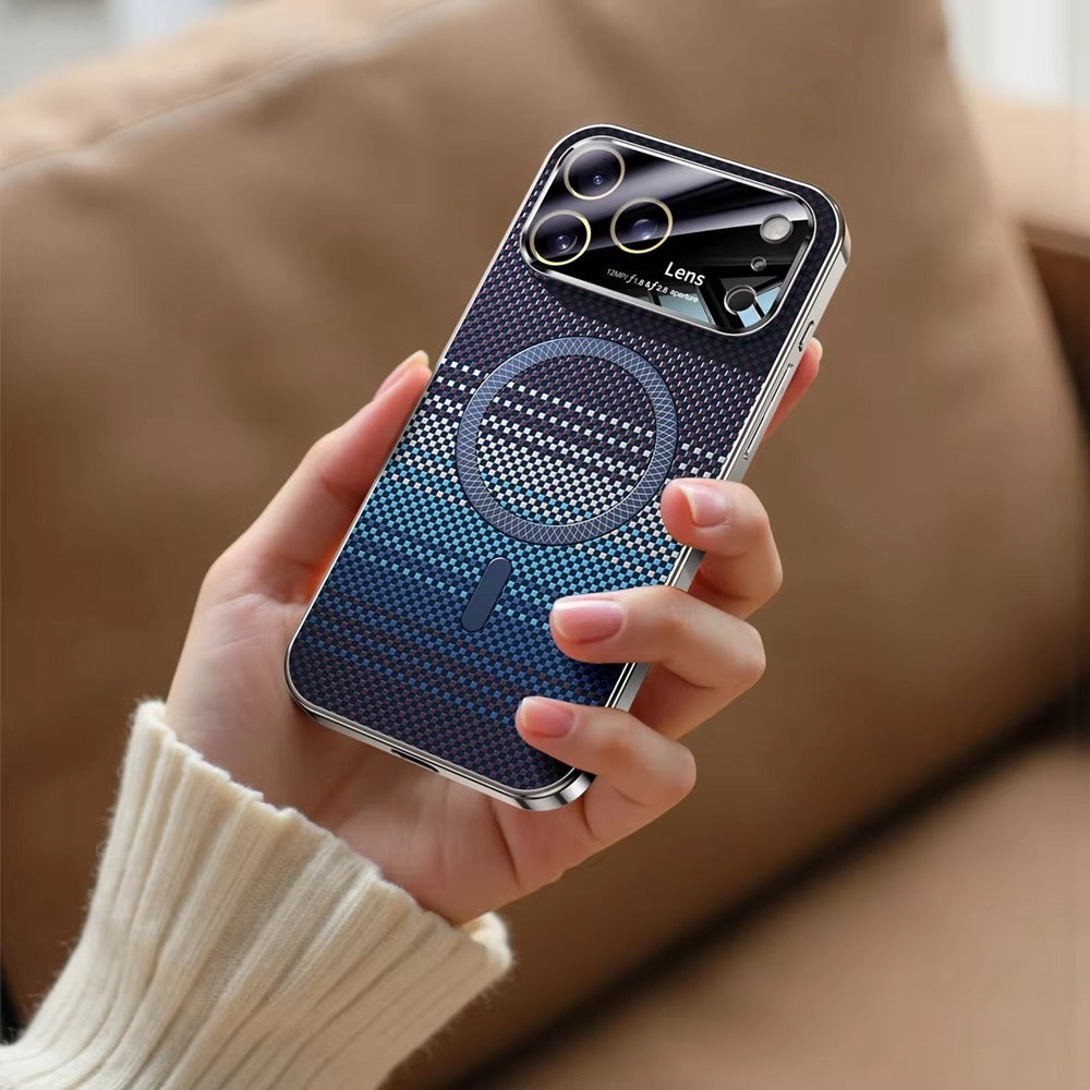 Luxury iPhone Case — Carbon-Fiber Pattern MagSafe Wireless-Charging Cover with Shockproof Plating Design and Slim TPU Protection