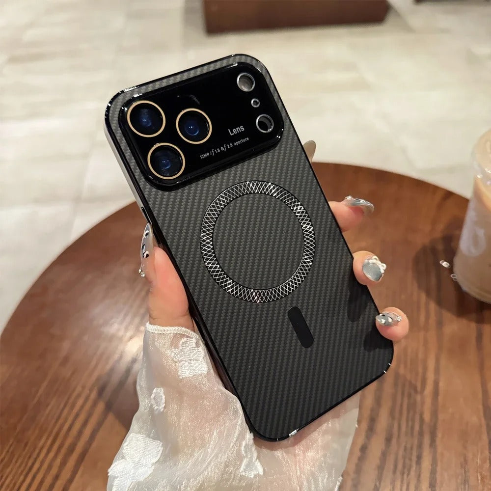 Luxury iPhone Case — Carbon-Fiber Pattern MagSafe Wireless-Charging Cover with Shockproof Plating Design and Slim TPU Protection