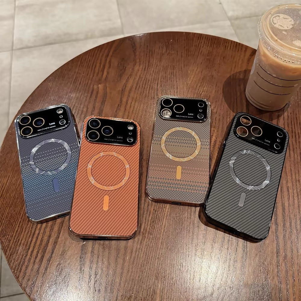 Luxury iPhone Case — Carbon-Fiber Pattern MagSafe Wireless-Charging Cover with Shockproof Plating Design and Slim TPU Protection