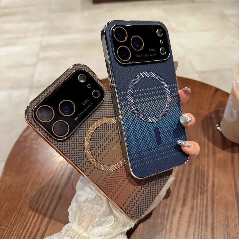 Luxury iPhone Case — Carbon-Fiber Pattern MagSafe Wireless-Charging Cover with Shockproof Plating Design and Slim TPU Protection