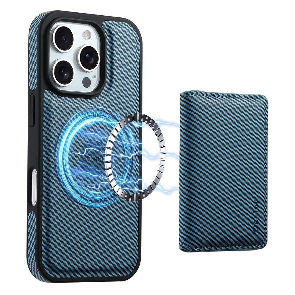 Luxury iPhone Case — Carbon Fiber Detachable Wallet with Card Holder, Shockproof PU Leather + TPU Cover, Kickstand, Dustproof Non-Slip Full Protection
