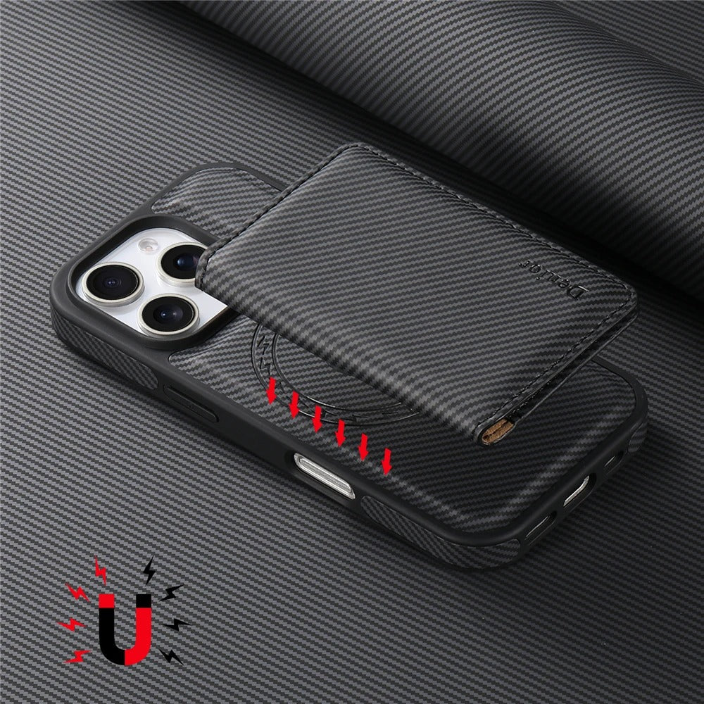 Luxury iPhone Case — Carbon Fiber Detachable Wallet with Card Holder, Shockproof PU Leather + TPU Cover, Kickstand, Dustproof Non-Slip Full Protection