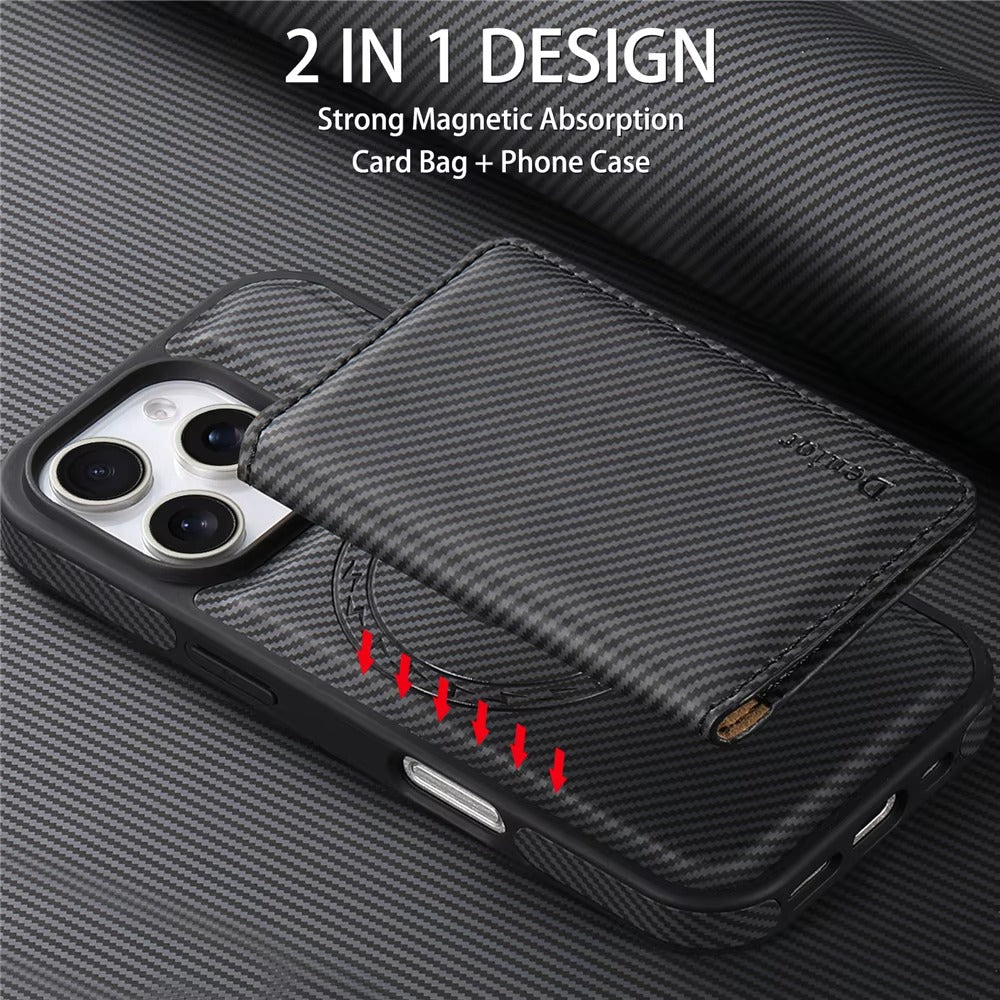 Luxury iPhone Case — Carbon Fiber Detachable Wallet with Card Holder, Shockproof PU Leather + TPU Cover, Kickstand, Dustproof Non-Slip Full Protection