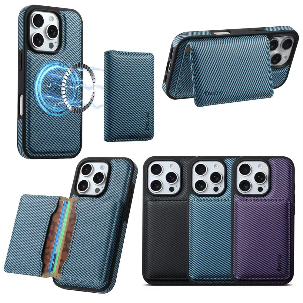 Luxury iPhone Case — Carbon Fiber Detachable Wallet with Card Holder, Shockproof PU Leather + TPU Cover, Kickstand, Dustproof Non-Slip Full Protection