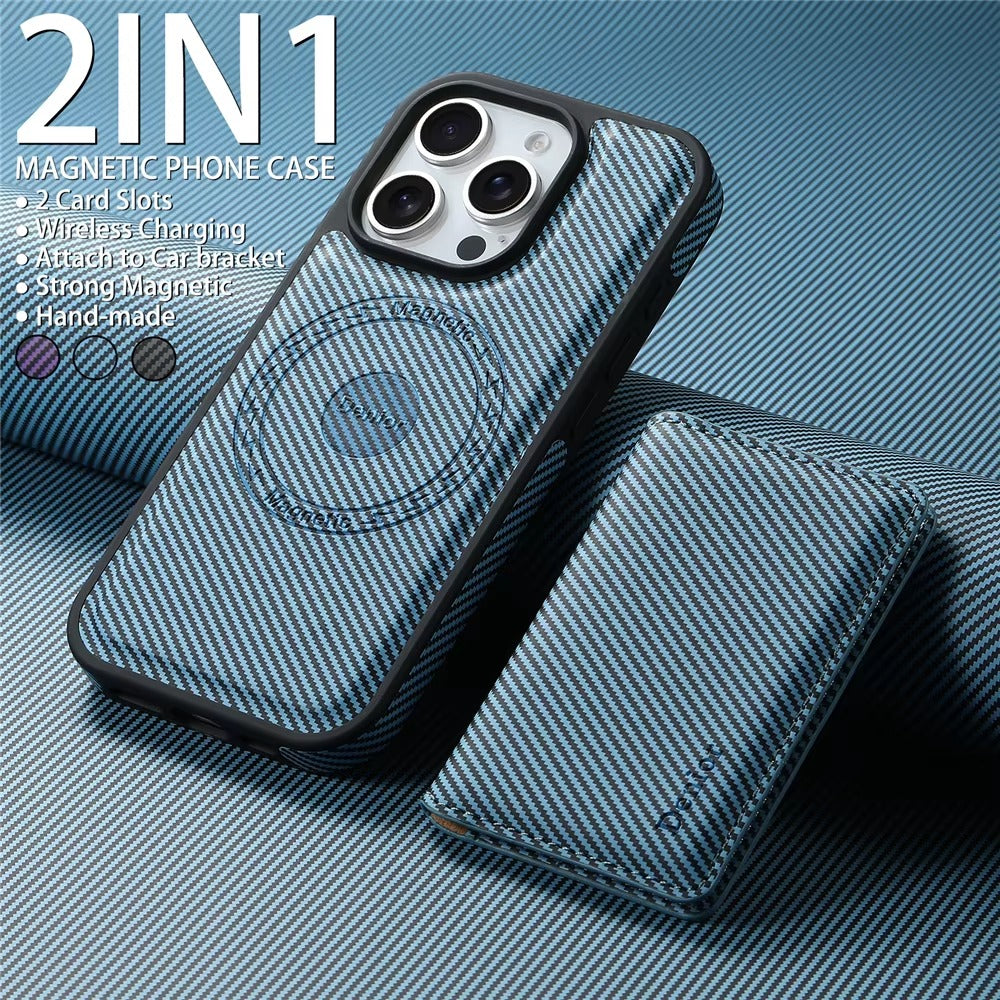 Luxury iPhone Case — Carbon Fiber Detachable Wallet with Card Holder, Shockproof PU Leather + TPU Cover, Kickstand, Dustproof Non-Slip Full Protection