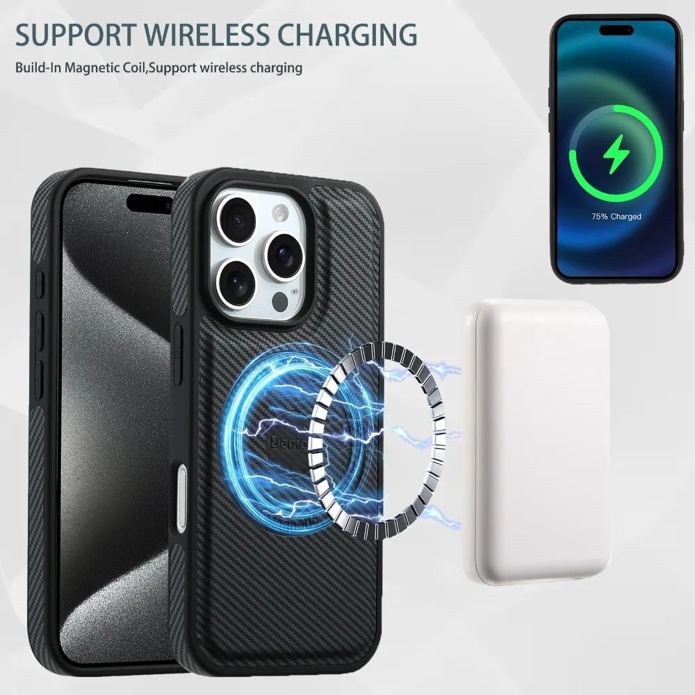 Luxury iPhone Case — Carbon Fiber Detachable Wallet with Card Holder, Shockproof PU Leather + TPU Cover, Kickstand, Dustproof Non-Slip Full Protection