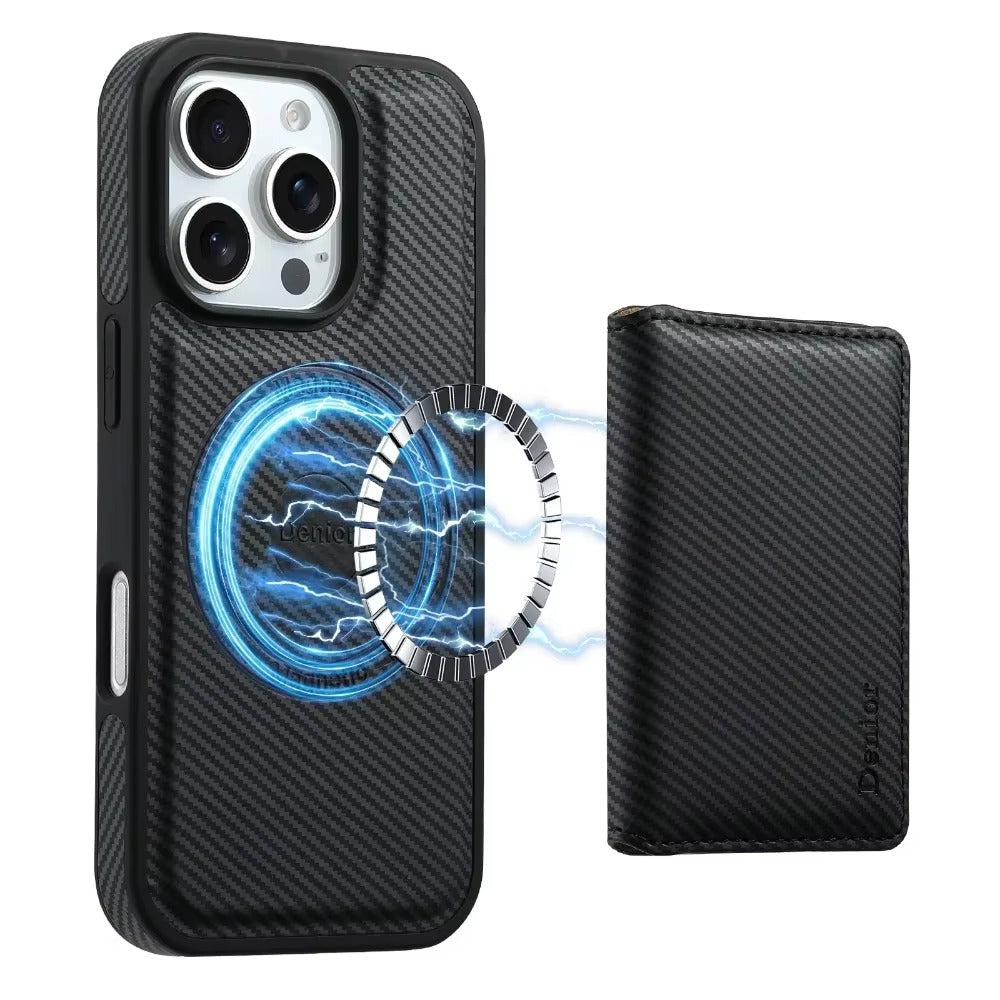 Luxury iPhone Case — Carbon Fiber Detachable Wallet with Card Holder, Shockproof PU Leather + TPU Cover, Kickstand, Dustproof Non-Slip Full Protection