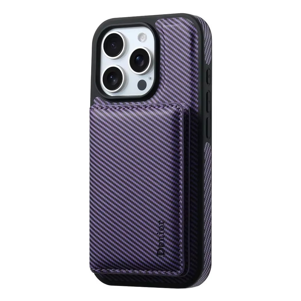 Luxury iPhone Case — Carbon Fiber Detachable Wallet with Card Holder, Shockproof PU Leather + TPU Cover, Kickstand, Dustproof Non-Slip Full Protection