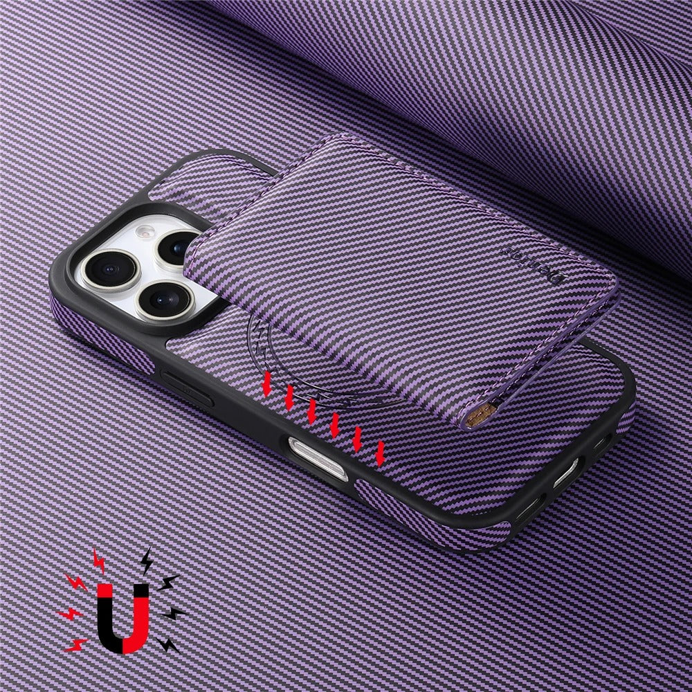 Luxury iPhone Case — Carbon Fiber Detachable Wallet with Card Holder, Shockproof PU Leather + TPU Cover, Kickstand, Dustproof Non-Slip Full Protection