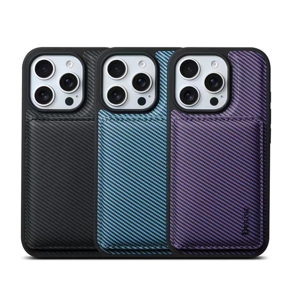 Luxury iPhone Case — Carbon Fiber Detachable Wallet with Card Holder, Shockproof PU Leather + TPU Cover, Kickstand, Dustproof Non-Slip Full Protection