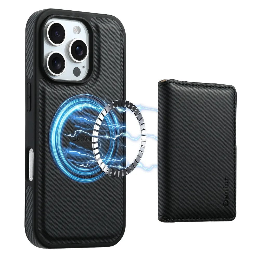 Luxury iPhone Case — Carbon Fiber Detachable Wallet with Card Holder, Shockproof PU Leather + TPU Cover, Kickstand, Dustproof Non-Slip Full Protection
