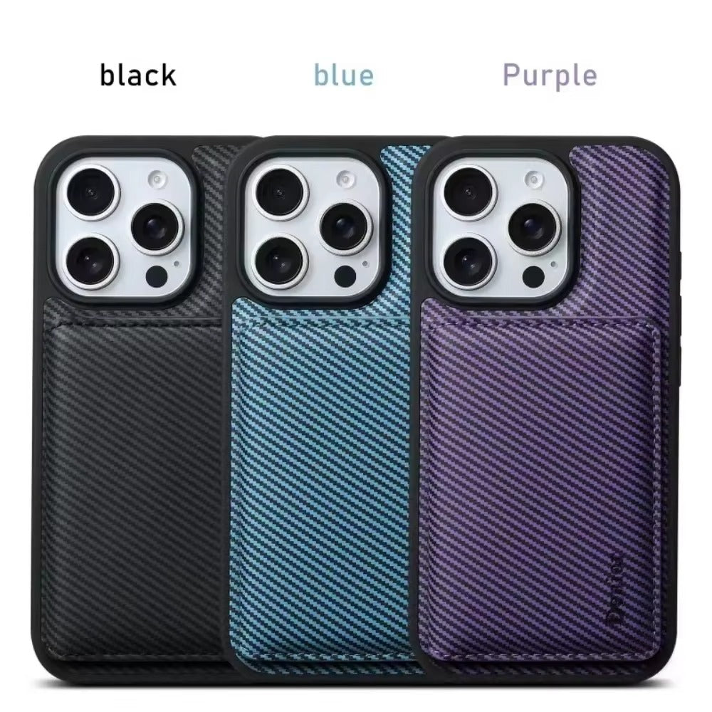 Luxury iPhone Case — Carbon Fiber Detachable Wallet with Card Holder, Shockproof PU Leather + TPU Cover, Kickstand, Dustproof Non-Slip Full Protection