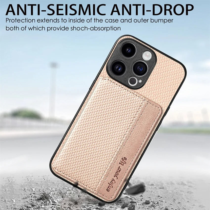 Luxury iPhone Case — Carbon Fiber Magnetic Wallet Cover with Card Holder, Kickstand Function and Anti-Scratch Dustproof Protection