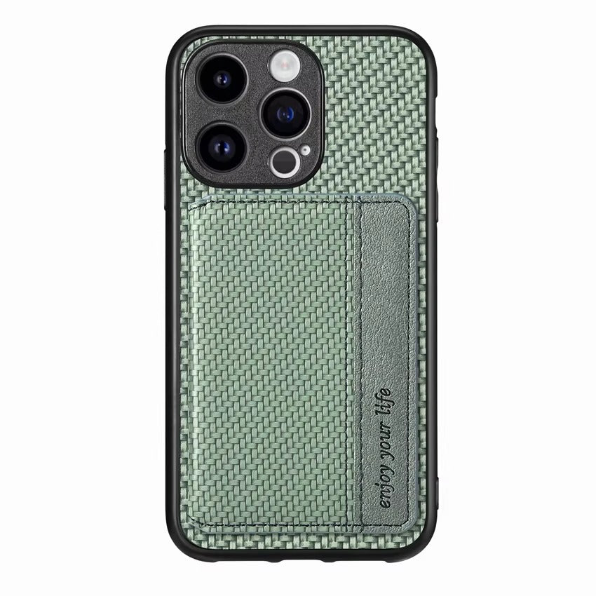 Luxury iPhone Case — Carbon Fiber Magnetic Wallet Cover with Card Holder, Kickstand Function and Anti-Scratch Dustproof Protection