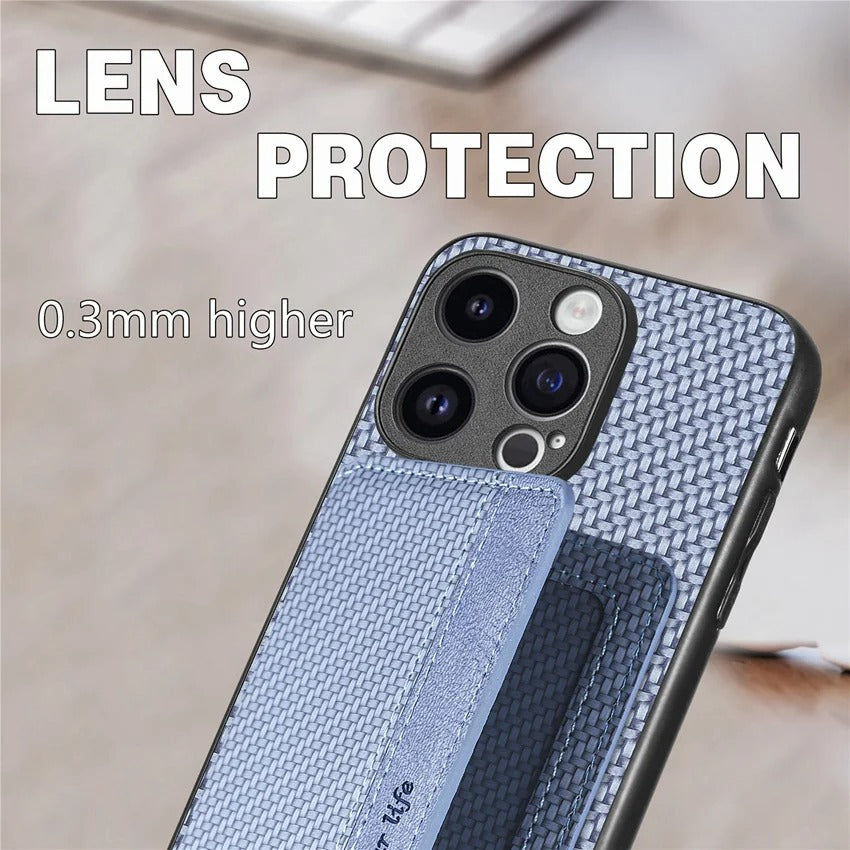 Luxury iPhone Case — Carbon Fiber Magnetic Wallet Cover with Card Holder, Kickstand Function and Anti-Scratch Dustproof Protection