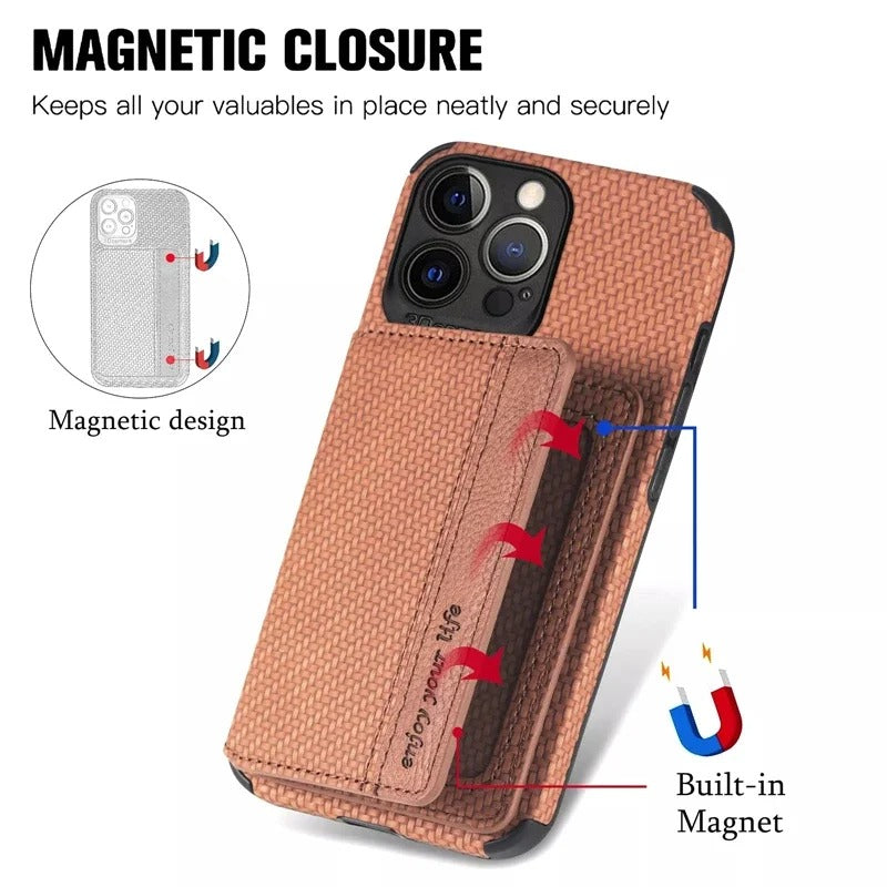 Luxury iPhone Case — Carbon Fiber Magnetic Wallet Cover with Card Holder, Kickstand Function and Anti-Scratch Dustproof Protection