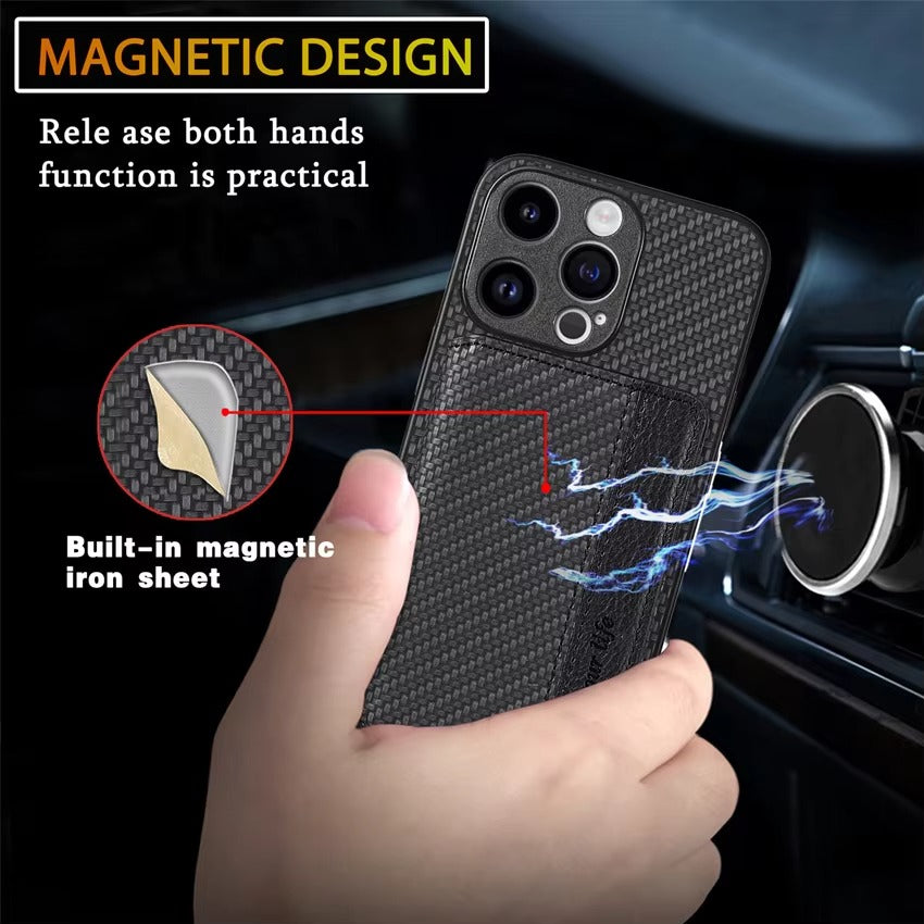 Luxury iPhone Case — Carbon Fiber Magnetic Wallet Cover with Card Holder, Kickstand Function and Anti-Scratch Dustproof Protection