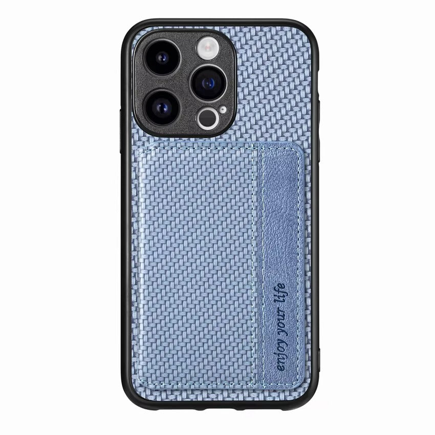 Luxury iPhone Case — Carbon Fiber Magnetic Wallet Cover with Card Holder, Kickstand Function and Anti-Scratch Dustproof Protection