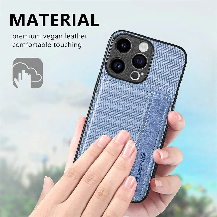 Luxury iPhone Case — Carbon Fiber Magnetic Wallet Cover with Card Holder, Kickstand Function and Anti-Scratch Dustproof Protection