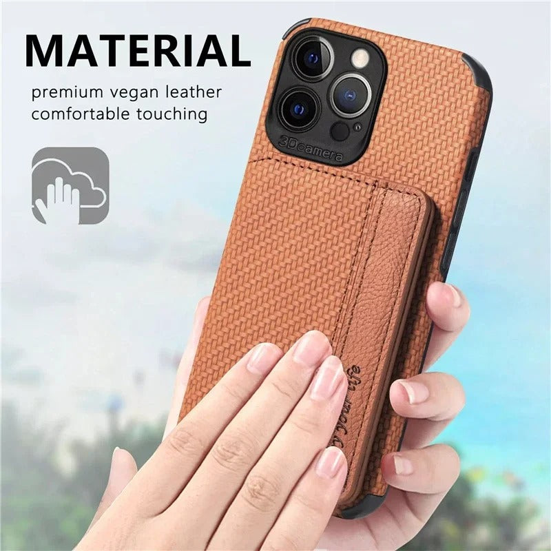 Luxury iPhone Case — Carbon Fiber Magnetic Wallet Cover with Card Holder, Kickstand Function and Anti-Scratch Dustproof Protection