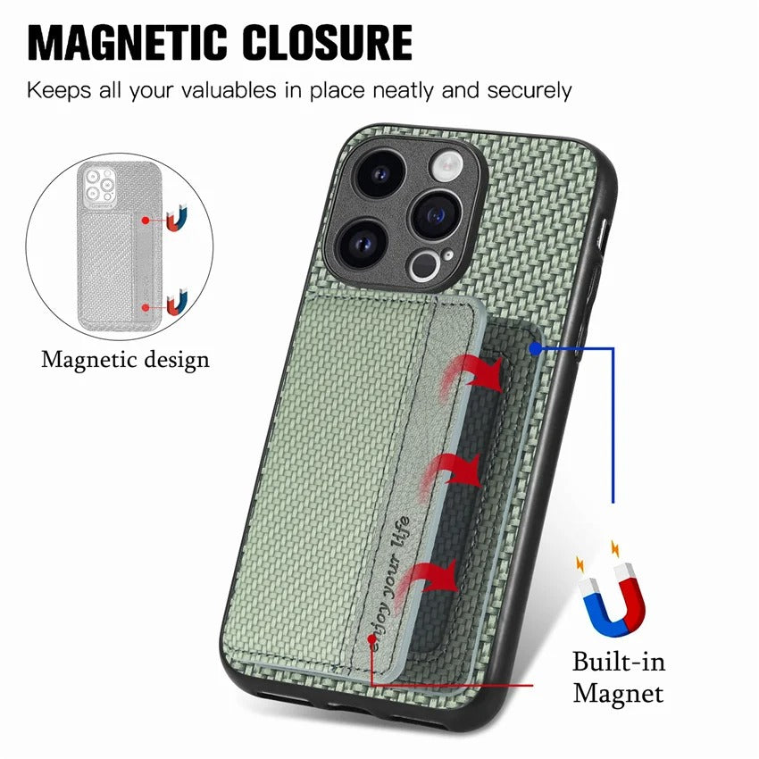 Luxury iPhone Case — Carbon Fiber Magnetic Wallet Cover with Card Holder, Kickstand Function and Anti-Scratch Dustproof Protection