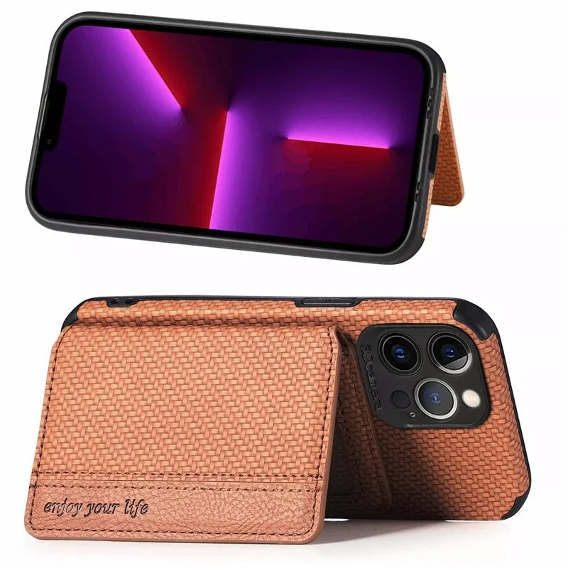 Luxury iPhone Case — Carbon Fiber Magnetic Wallet Cover with Card Holder, Kickstand Function and Anti-Scratch Dustproof Protection