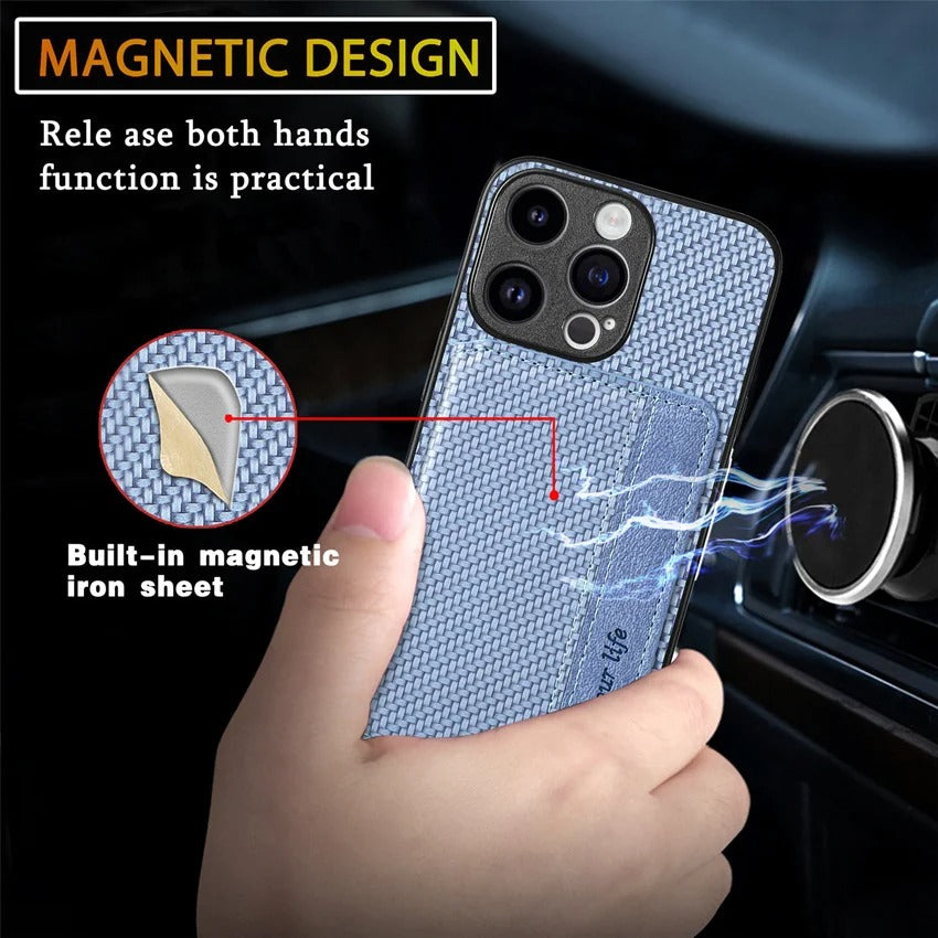 Luxury iPhone Case — Carbon Fiber Magnetic Wallet Cover with Card Holder, Kickstand Function and Anti-Scratch Dustproof Protection