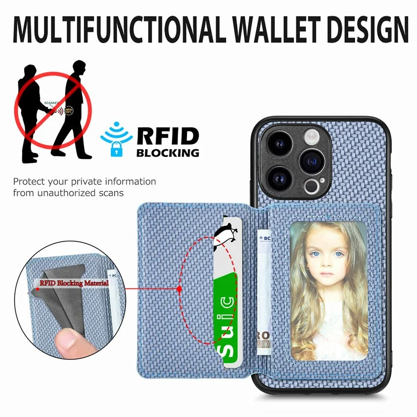Luxury iPhone Case — Carbon Fiber Magnetic Wallet Cover with Card Holder, Kickstand Function and Anti-Scratch Dustproof Protection