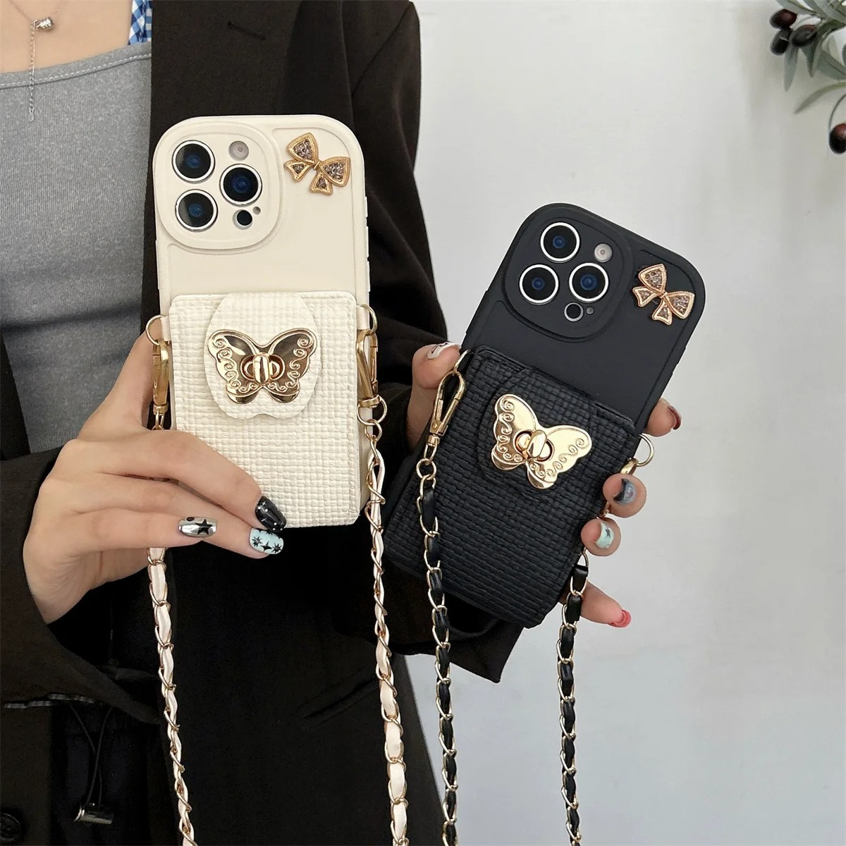 Luxury iPhone Case — Cartoon Butterfly Crossbody Wallet Cover with Card Bag Design, Shockproof Leather Protection & Hands-Free Strap Style