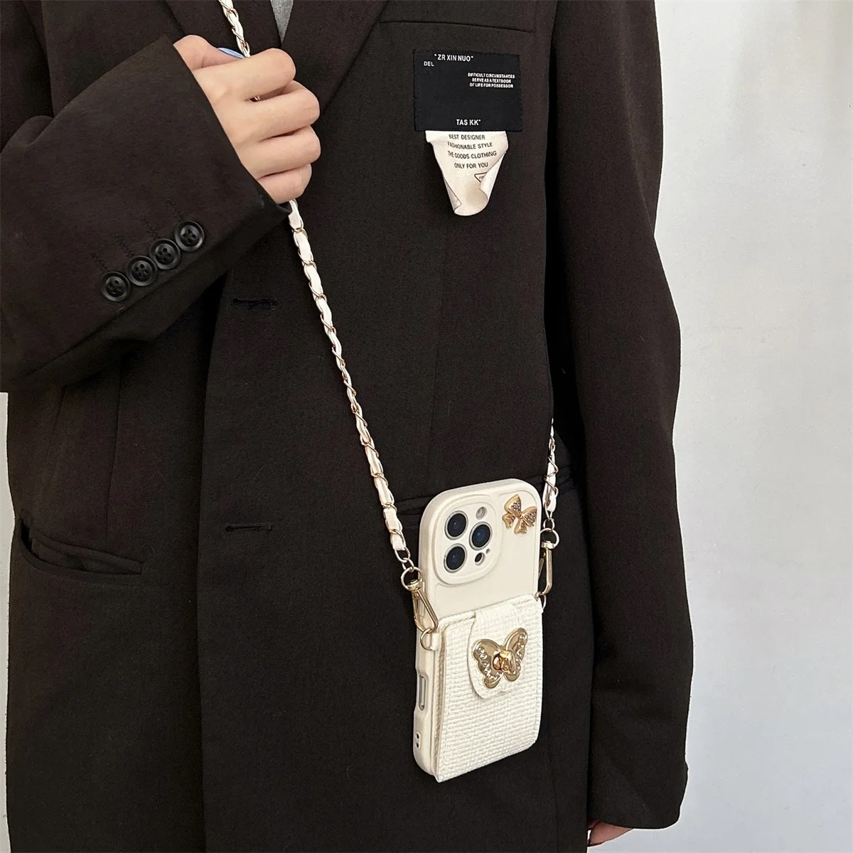 Luxury iPhone Case — Cartoon Butterfly Crossbody Wallet Cover with Card Bag Design, Shockproof Leather Protection & Hands-Free Strap Style