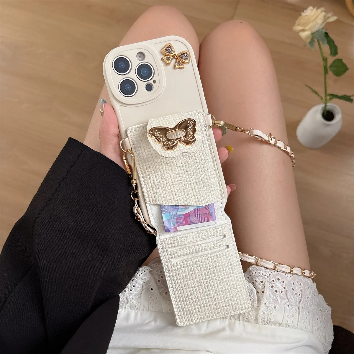 Luxury iPhone Case — Cartoon Butterfly Crossbody Wallet Cover with Card Bag Design, Shockproof Leather Protection & Hands-Free Strap Style