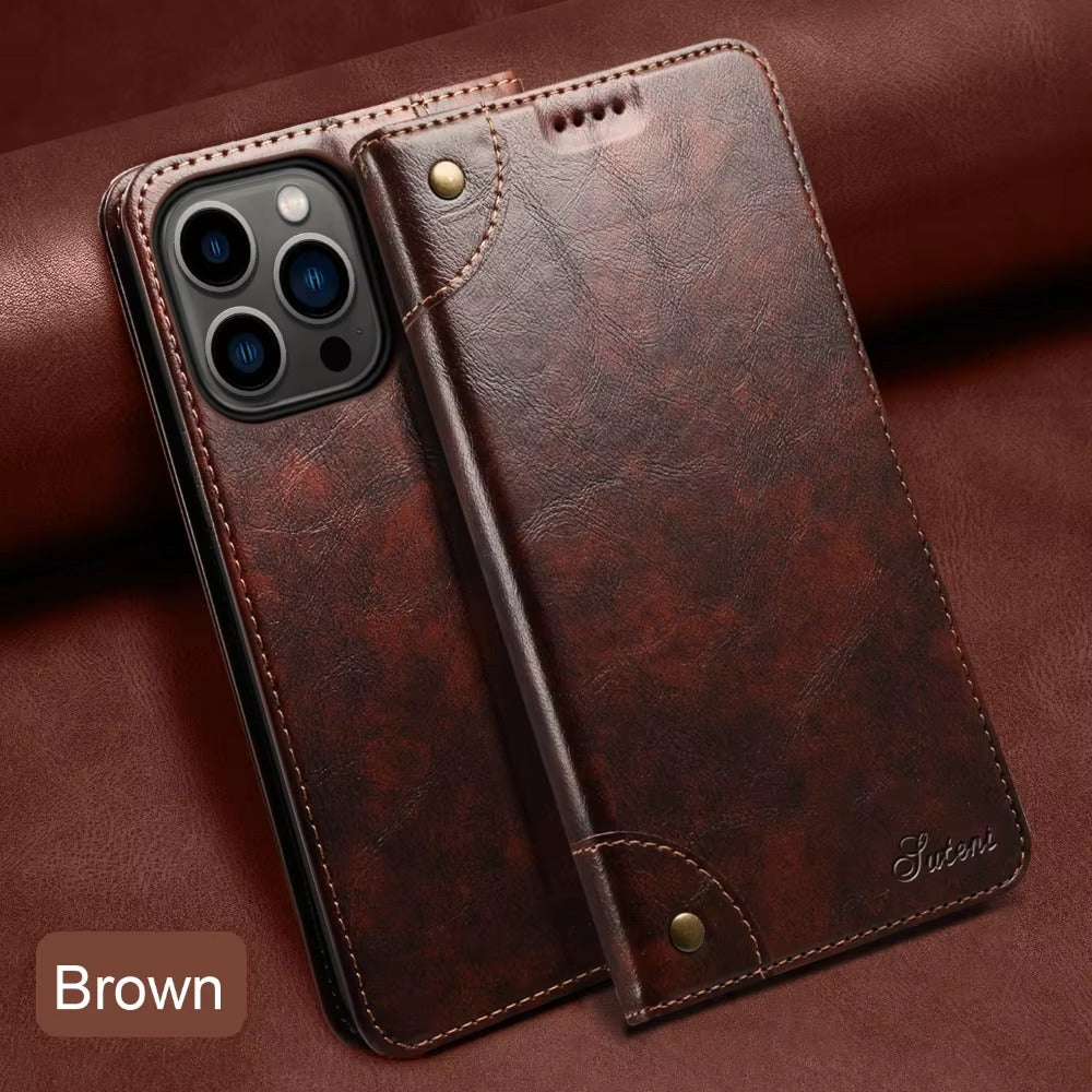 Luxury iPhone Case — Classic Genuine Leather Wallet Flip Cover with Magnetic Closure, Card Storage & Non-Slip Protective Book-Style Design