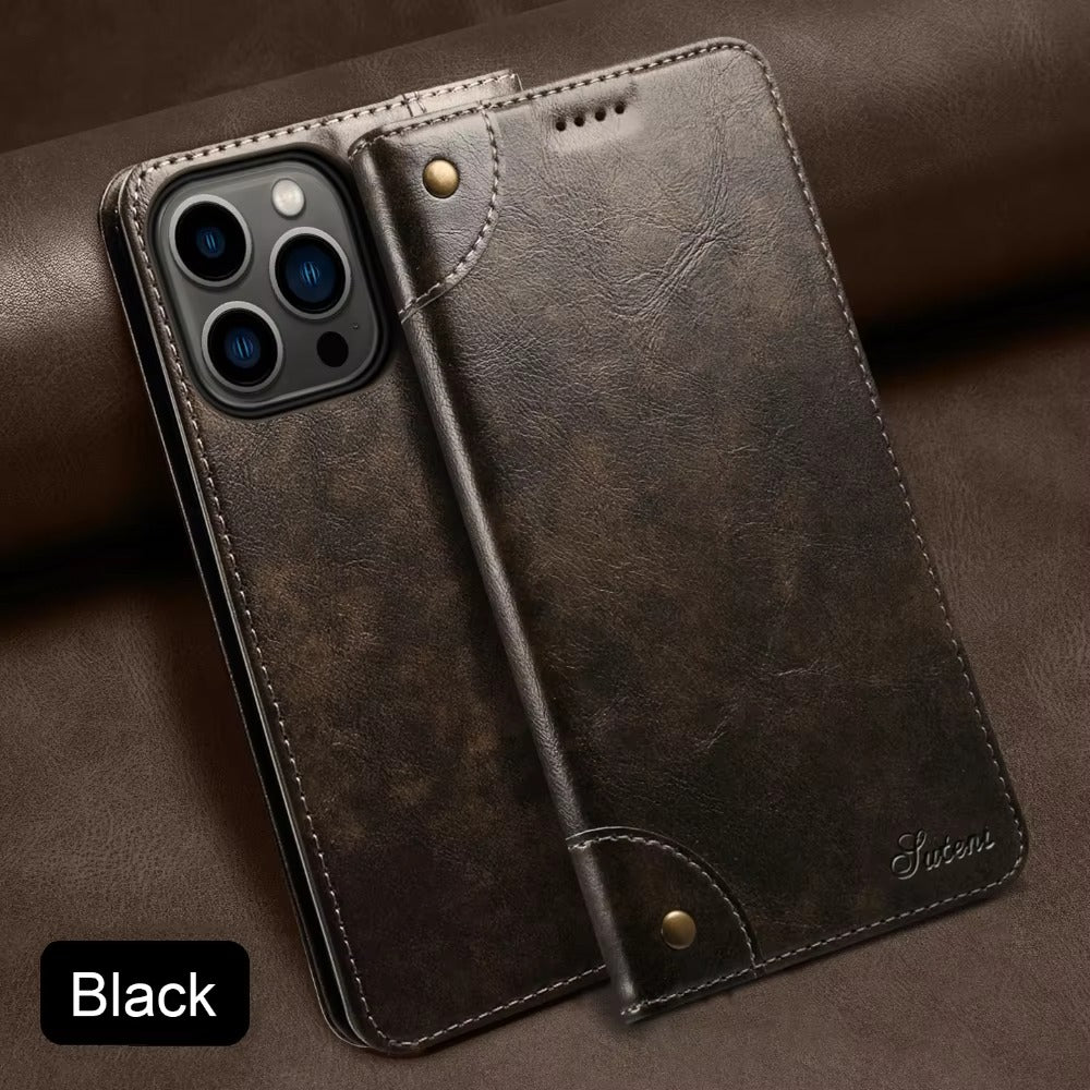 Luxury iPhone Case — Classic Genuine Leather Wallet Flip Cover with Magnetic Closure, Card Storage & Non-Slip Protective Book-Style Design