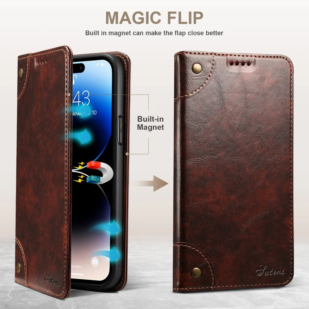 Luxury iPhone Case — Classic Genuine Leather Wallet Flip Cover with Magnetic Closure, Card Storage & Non-Slip Protective Book-Style Design