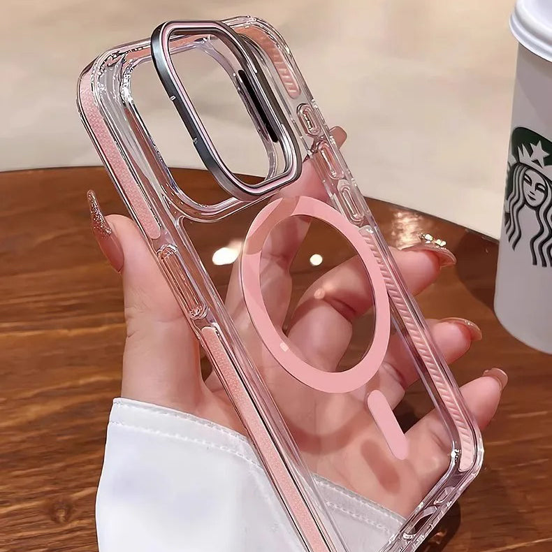 Luxury iPhone Case — Clear Full-Coverage Magnetic Shockproof Cover with Lens Holder, Anti-Fingerprint Anti-Scratch PC+TPU Design & Non-Slip Grip