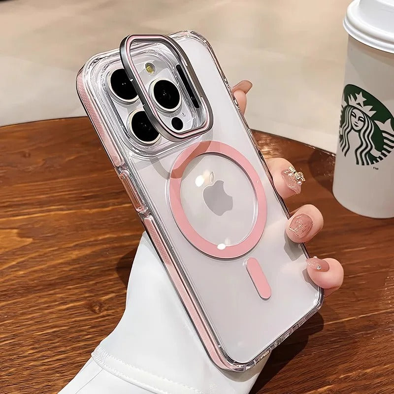 Luxury iPhone Case — Clear Full-Coverage Magnetic Shockproof Cover with Lens Holder, Anti-Fingerprint Anti-Scratch PC+TPU Design & Non-Slip Grip