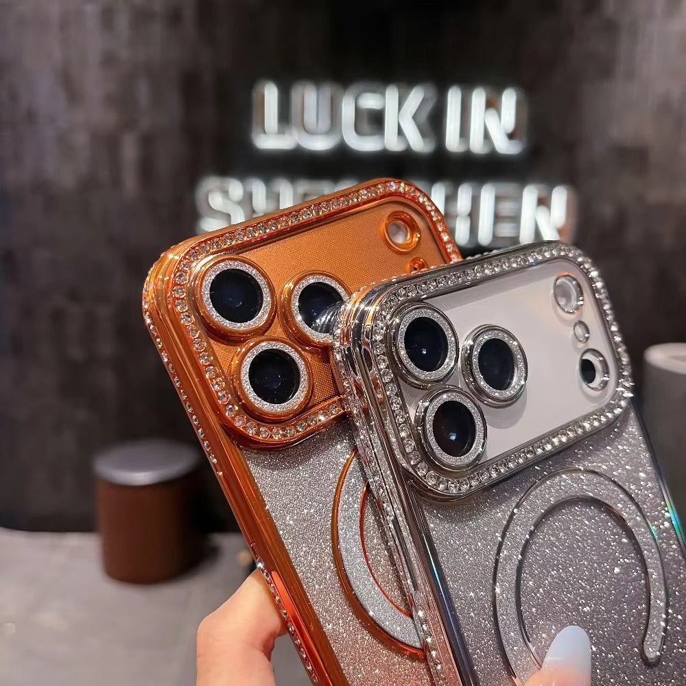 Luxury iPhone Case — Clear Magnetic MagSafe Soft Cover with Plating Design, Shockproof Anti-Scratch Silicone Build & Gradient Glitter Style for Women