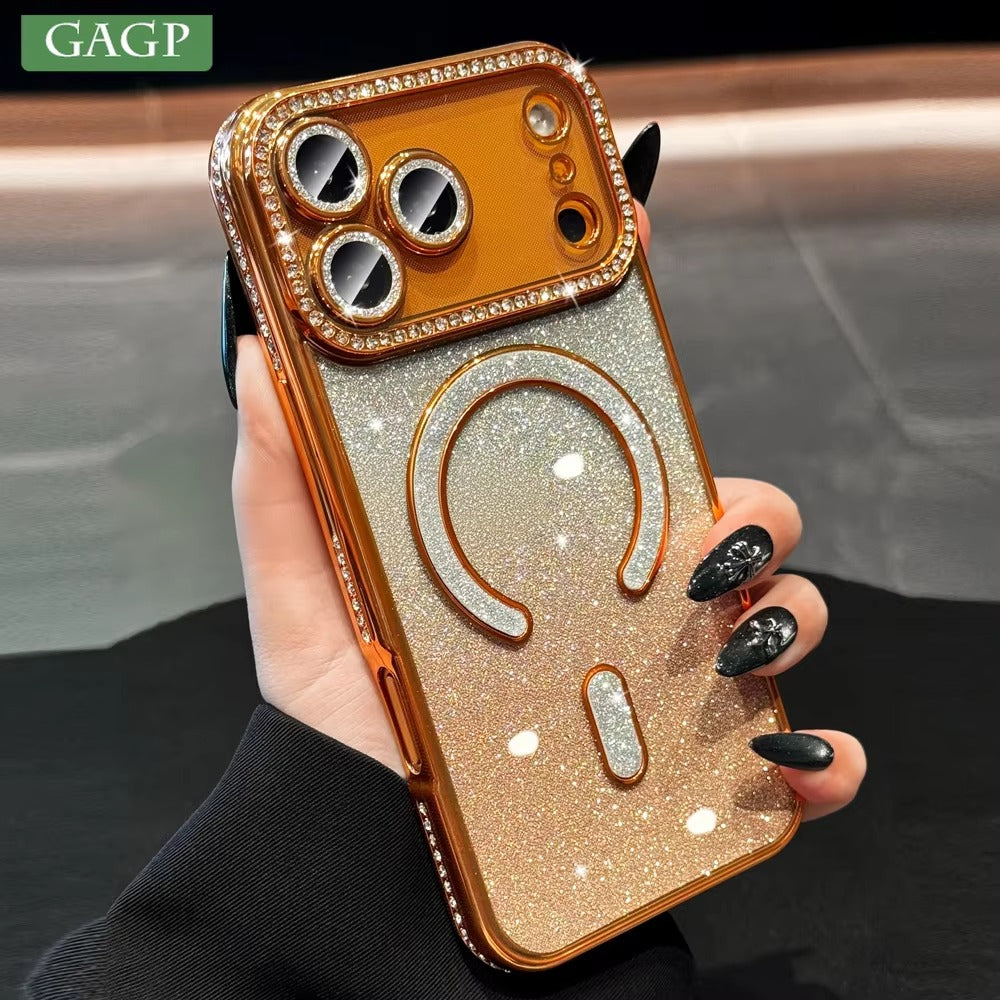 Luxury iPhone Case — Clear Magnetic MagSafe Soft Cover with Plating Design, Shockproof Anti-Scratch Silicone Build & Gradient Glitter Style for Women