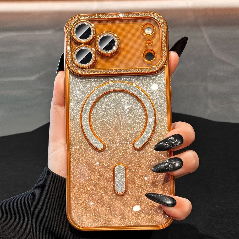 Luxury iPhone Case — Clear Magnetic MagSafe Soft Cover with Plating Design, Shockproof Anti-Scratch Silicone Build & Gradient Glitter Style for Women