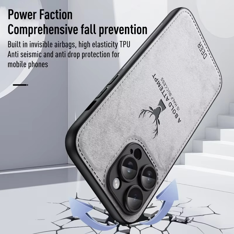 Luxury iPhone Case — Cloth Leather Deer Head Pattern Cover with Shockproof Soft Full-Coverage Protection, Anti-Fingerprint Matte Non-Slip Design