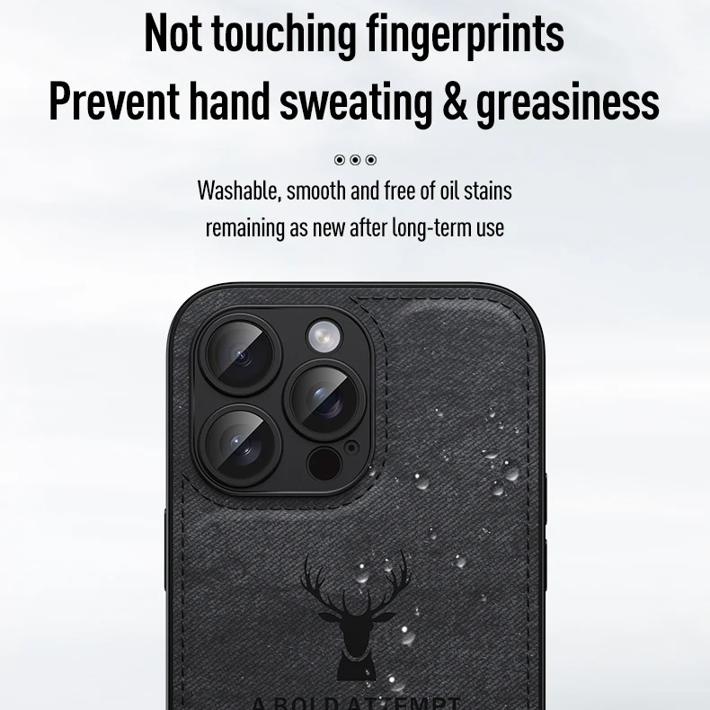 Luxury iPhone Case — Cloth Leather Deer Head Pattern Cover with Shockproof Soft Full-Coverage Protection, Anti-Fingerprint Matte Non-Slip Design