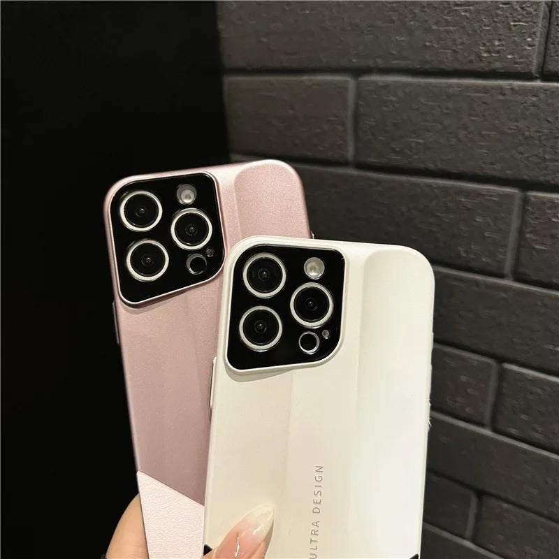 Luxury iPhone Case — Contrast-Color Leather + PC Hybrid Cover with Shockproof Hard Protection, Anti-Fingerprint Anti-Scratch Finish & Slim Non-Slip Retro Design