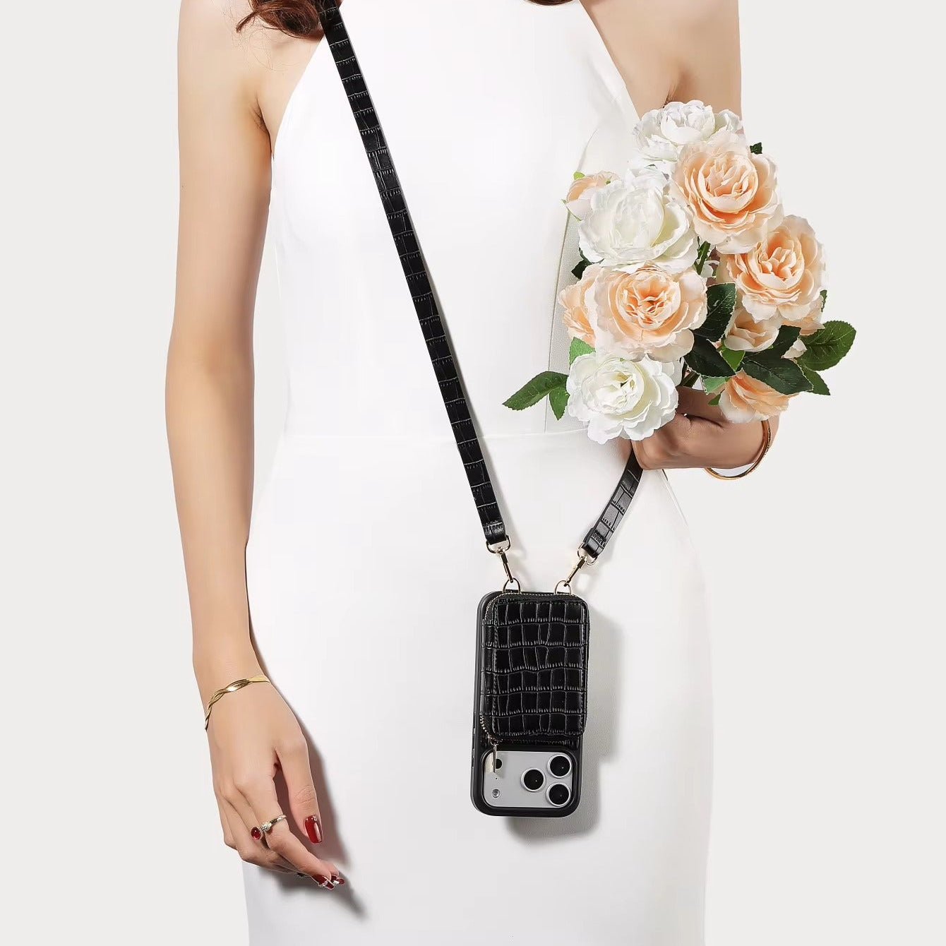 Luxury iPhone Case — Crocodile-Pattern Crossbody Wallet Cover with Lanyard, Soft Anti-Fingerprint Leather and Card Storage Design