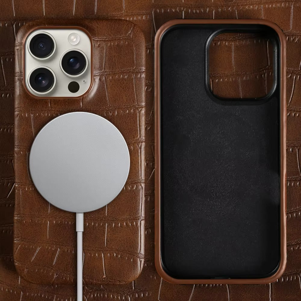 Luxury iPhone Case — Crocodile Leather Bumper Cover with Shockproof Hard PC Protection, Anti-Fingerprint Anti-Scratch Non-Slip Design