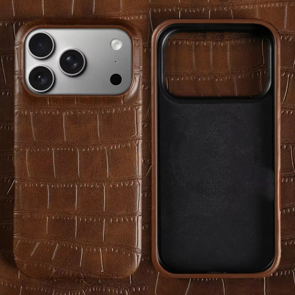 Luxury iPhone Case — Crocodile Leather Bumper Cover with Shockproof Hard PC Protection, Anti-Fingerprint Anti-Scratch Non-Slip Design