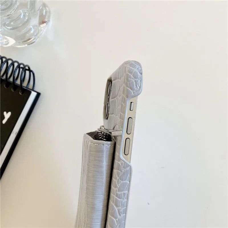 Luxury iPhone Case — Crossbody Crocodile Skin Zipper Wallet Cover with Card Holder, Lanyard Strap, Anti-Fingerprint Anti-Scratch Protection & Elegant Textured Design