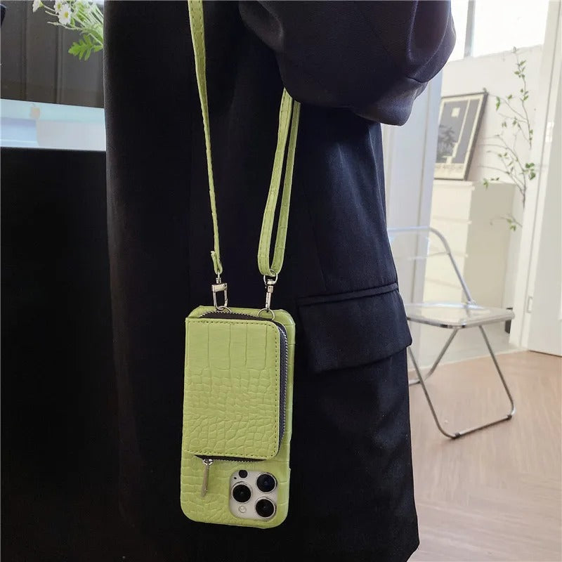 Luxury iPhone Case — Crossbody Crocodile Skin Zipper Wallet Cover with Card Holder, Lanyard Strap, Anti-Fingerprint Anti-Scratch Protection & Elegant Textured Design