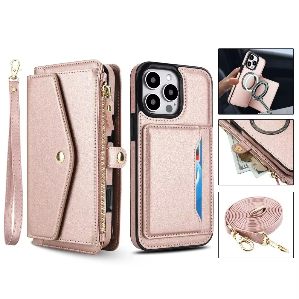 Luxury iPhone Case — Crossbody Detachable Magnetic Wallet Cover with Lanyard, Holder Feature and Anti-Fingerprint PU Leather Design