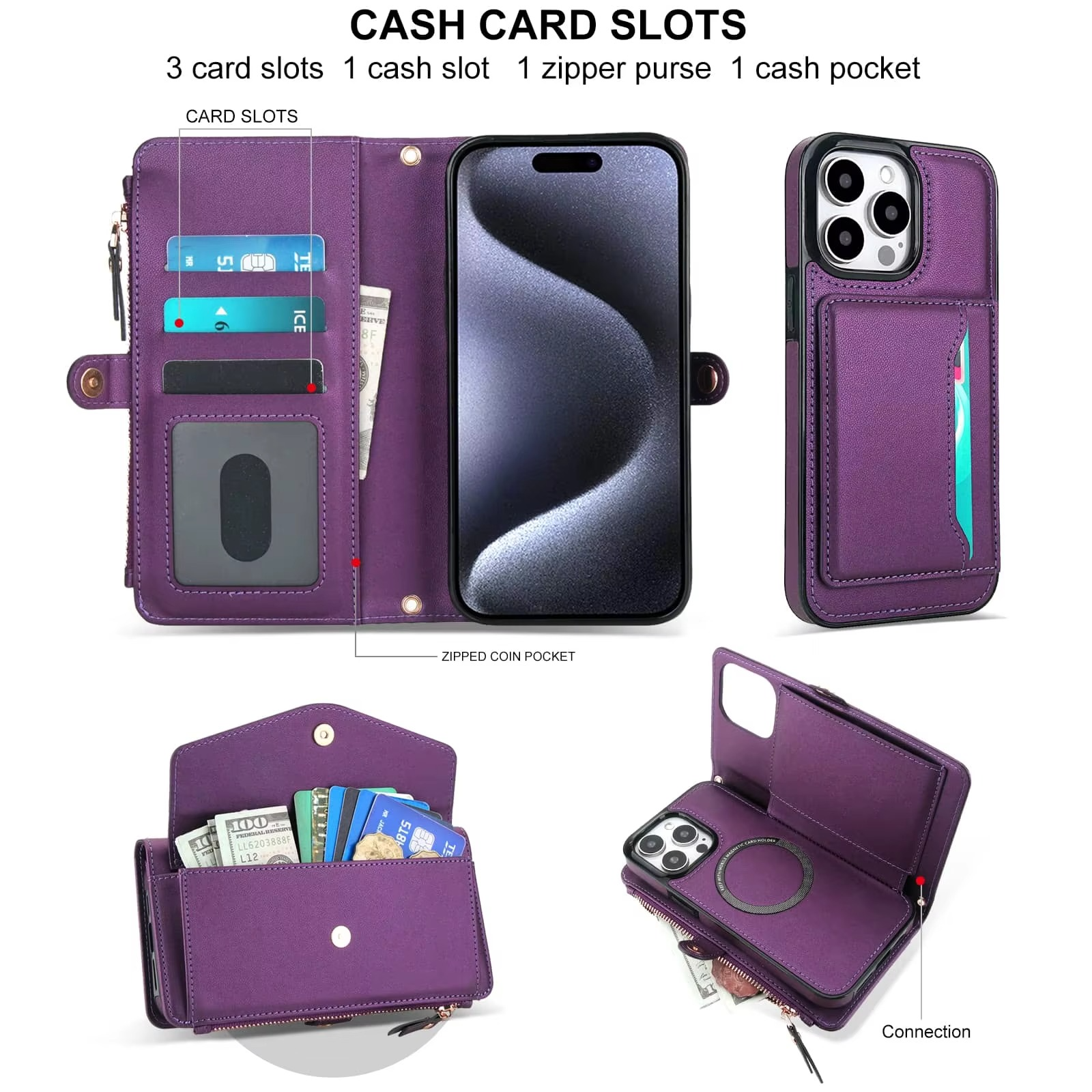 Luxury iPhone Case — Crossbody Detachable Magnetic Wallet Cover with Lanyard, Holder Feature and Anti-Fingerprint PU Leather Design